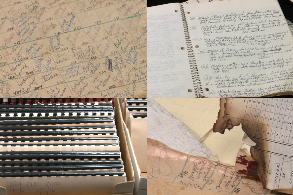 A collage of various types of paper records, like hand-drawn maps, notebooks and loose paper
